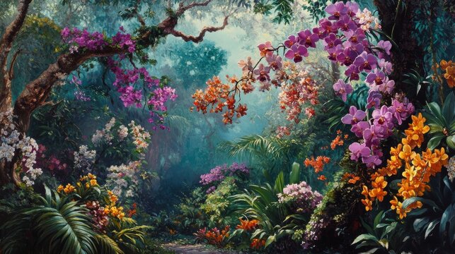 105.Dendrobium orchids in full bloom cascading from low tree branches, with their vibrant colors contrasting against lush greenery; the carefully maintained garden setting creates an exotic, serene