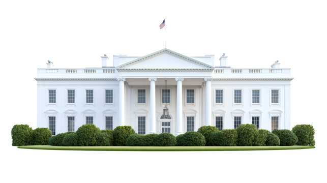 Realistic 3D rendering of White House north facade, with waving american flag and transparent background