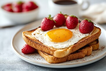 A plate of toast topped with a fried egg and strawberries, accompanied by coffee.