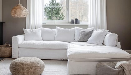 Fototapeta premium Cozy White Linen Sectional Sofa in Modern Living Room Interior