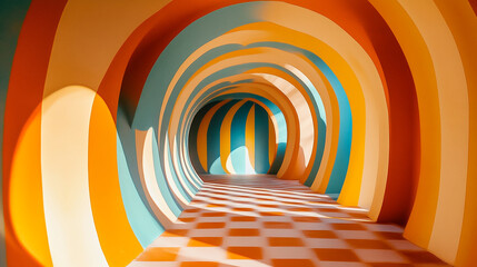 Obraz premium Vibrant tunnel with colorful curved walls and patterned floor creates a lively atmosphere