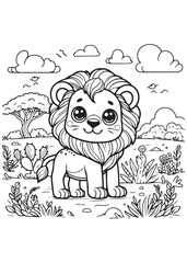 coloring book cute lion in nature savanna