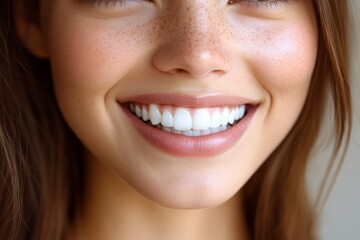 Obraz premium A close-up of a smiling young woman with clear skin and bright teeth.