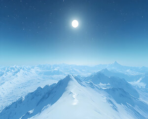 Serene, panoramic view of snow-capped mountains under a bright sun and starlit sky.  Ideal for winter wonderland, travel, or nature themes.