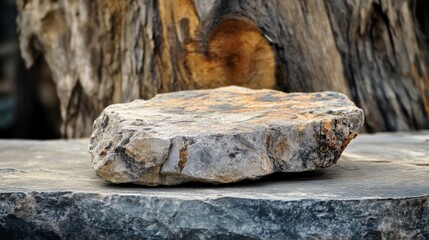 Fototapeta premium 31.A Small Flat Rock Top for a Product Display, Showing a Low Foreground Granite Stone with Close Detail to the Natural Dead Wood Stumps: