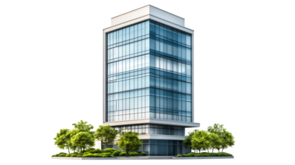 Modern glass skyscraper rising above green trees with transparent background, perfect for architectural visualization or urban planning projects