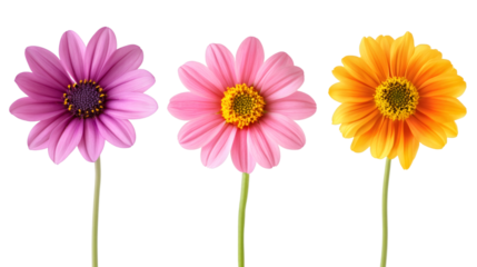 Colorful daisy petals spreading in vivid purple, pink, orange, standing against transparent backdrop with slender stems