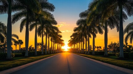 Obraz premium 68.Serene summer road flanked by tall palm trees on both sides, leading into the warm hues of a sunset; the road stretches into the distance, with the sky gradually shifting from orange to deep blue.
