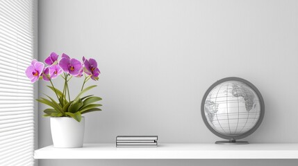 A serene shelf with a potted orchid and a globe.