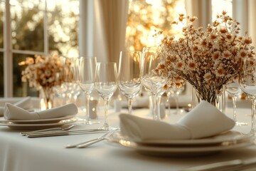 Fototapeta premium Elegant dining setup with glassware and floral centerpiece, illuminated by sunset.