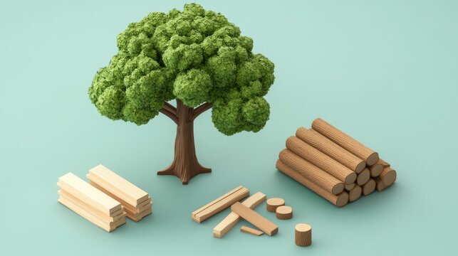 102.Simplified low-poly tree with isometric icons of logs, plywood, and planks stacked beside it; the layout emphasizes sustainable wood usage and is ideal for eco-friendly or educational visuals.