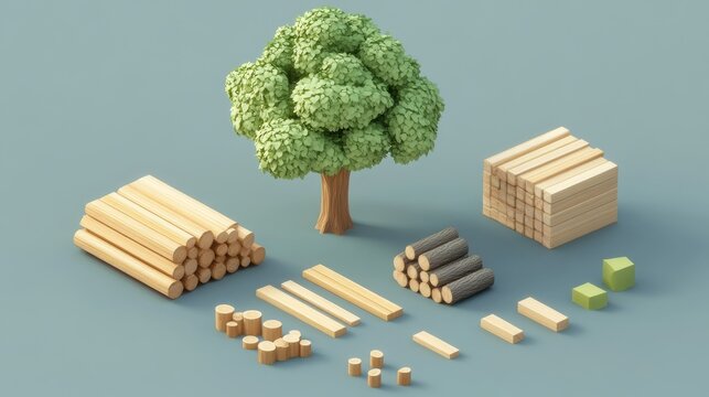 102.Simplified low-poly tree with isometric icons of logs, plywood, and planks stacked beside it; the layout emphasizes sustainable wood usage and is ideal for eco-friendly or educational visuals.