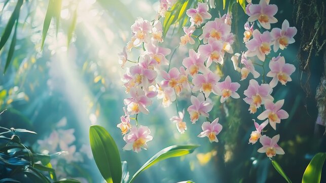 104.Close-up of vibrant dendrobium orchids with clusters of delicate pink and white blooms, hanging gracefully from low branches; sunlight filters through the leaves, enhancing the tropical feel of a