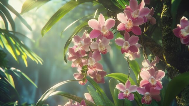 104.Close-up of vibrant dendrobium orchids with clusters of delicate pink and white blooms, hanging gracefully from low branches; sunlight filters through the leaves, enhancing the tropical feel of a