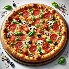 A top view of a delicious pizza with pepperoni slices, cherry tomatoes, black olives, mushrooms, and green bell pepper on a golden crust, garnished with fresh basil leaves.