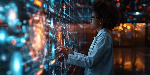  A female doctor analyzing interactive digital screens with advanced medical data in a futuristic research facility