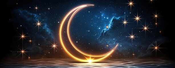 Fototapeta premium Magical Night Sky and Stars in Postage Stamp Creations, a glowing depiction of a crescent moon surrounded by bright star clusters on a deep indigo stamp, illuminated by subtle neon accents