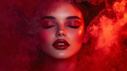 Intense portrait of a woman with dramatic red makeup