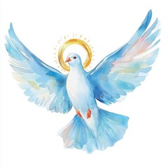 Obraz premium Easter religious clipart. Flying dove with blue wings and a golden halo, symbolizing peace and spirituality.