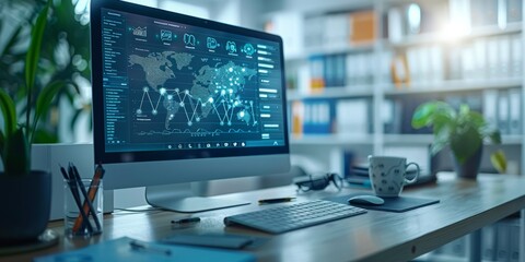  A modern workspace with a computer displaying global data analytics and interactive visualizations in a professional office setting