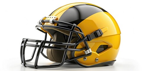 Fototapeta premium Isolated on white, a low-light image showcases a vibrant yellow and black football helmet.