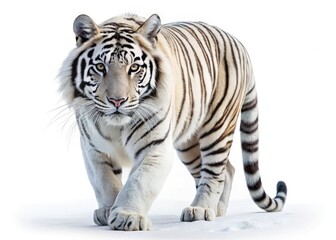 Obraz premium Isolated on white, a regal white tiger's elegant walk commands attention in a panoramic portrait.