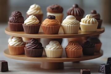 A two-tiered stand full of delicious chocolate and vanilla cupcakes