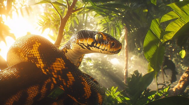 Sunlit python coiled in lush tropical foliage.