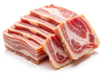 Isolated pancetta: a detailed macro shot reveals the cured pork belly's rich texture on stark white.