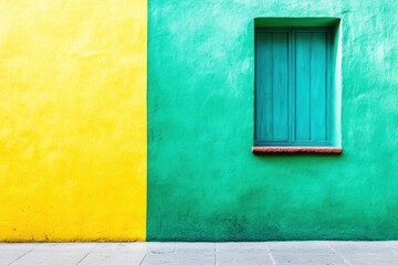 Colorful Wall with Green and Yellow Paint and Bright Wooden Window in a Urban Setting