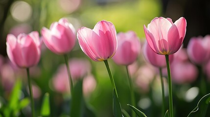 Obraz premium Delicate Pink Tulips Blooming Beautifully in Springtime Garden Setting