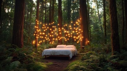 Magical bed surrounded by fairy lights in enchanted forest dreamy landscape nature