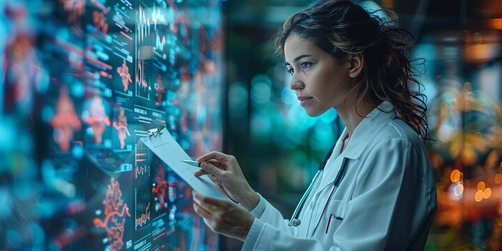  A focused female doctor analyzing digital medical data on futuristic screens while writing notes on a clipboard