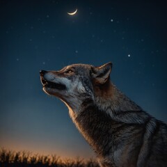 A lone wolf, silhouetted against the bright moon, howling at the night sky.