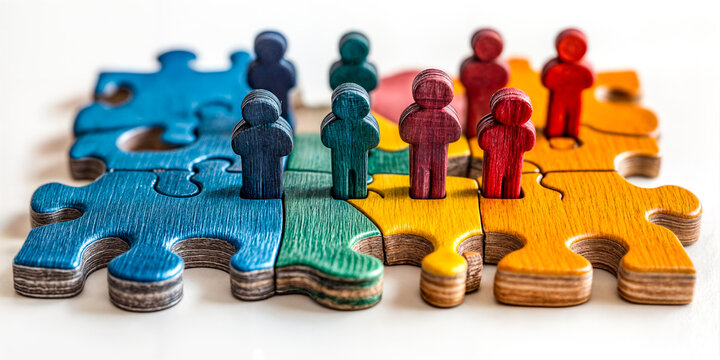 Figurines en bois colorées debout sur des pièces de puzzle emboîtées