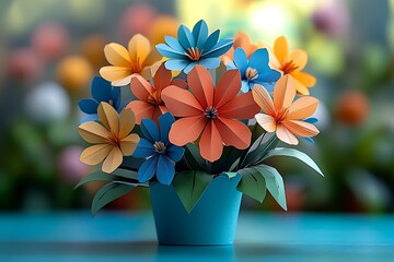 Colorful paper flowers in a blue vase on a table