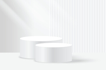 3D white product podium background. Abstract composition in minimal design. Studio showroom product pedestal, Fashion showcase mockup scene. Vector showcase design
