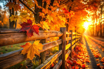 Autumn landscape with vibrant maple leaves on wooden fence, showcasing rustic charm and natural beauty as sun sets in background