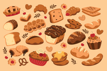 Cute cartoon bakery and dessert collection with warm tones