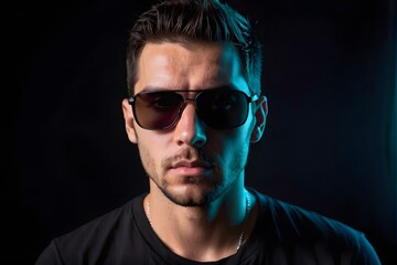 Fototapeta premium Portrait of a cool man with sunglasses in the dark with neon light.