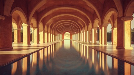 Fototapeta premium Sunlit Columns and Reflective Pool: A Serene Architectural Masterpiece