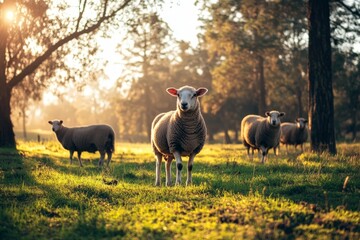 Naklejka premium A serene scene of sheep grazing in a sunlit meadow surrounded by trees.