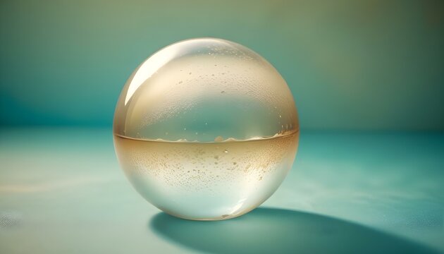 Una esfera de vidrio transparente o una bola de cristal flotando sobre un fondo azul liso