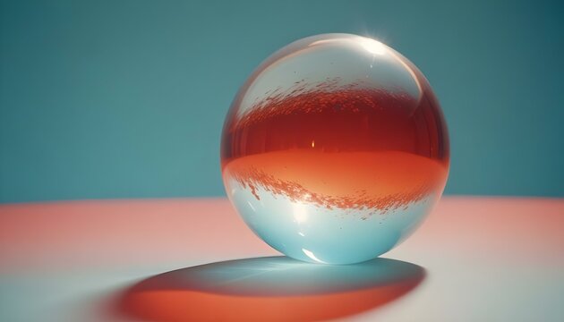 Una esfera de vidrio transparente o una bola de cristal flotando sobre un fondo azul liso