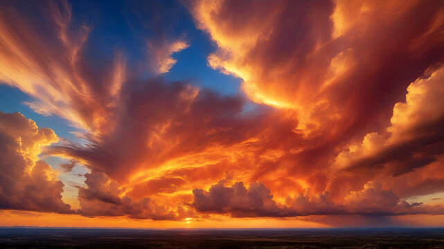Dramatic sunset sky, fiery orange clouds, intense red atmosphere, golden light, wispy cirrus clouds, vibrant sunset colors, panoramic view, atmospheric evening sky, majestic cloudscape