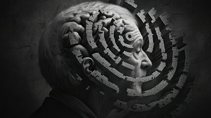 Black and white artistic collage of an elderly man's brain unraveling into a maze of thoughts. A creative take on wisdom, aging, and life reflection.