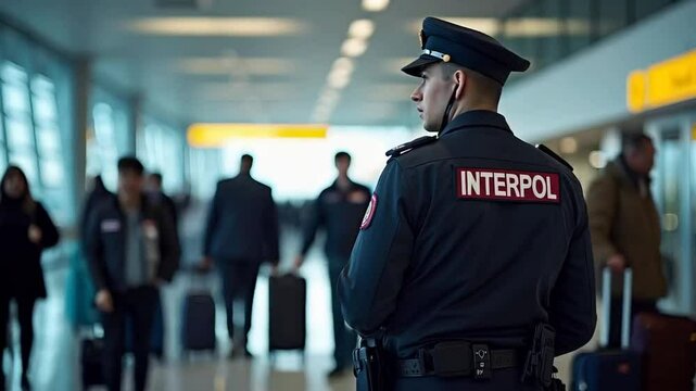 Focused Interpol agent waiting in a secure area of the airport, monitoring activity