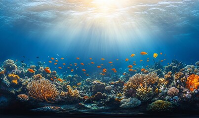 Fototapeta premium Vibrant coral reef teeming with colorful fish, sunlit ocean scene.