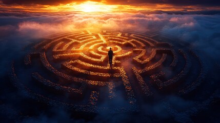 A solitary figure stands in a labyrinth at sunset, enveloped by clouds and mystery.