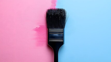 Paint brush with black bristles paints a line between pink and light blue backgrounds, showcasing a minimalist composition and creative transition in flat lay photography.